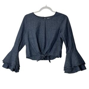 Likely Top Women Small Bell Sleeve Blouse Blue Tie‎ Front Crop Rave Whimsigoth